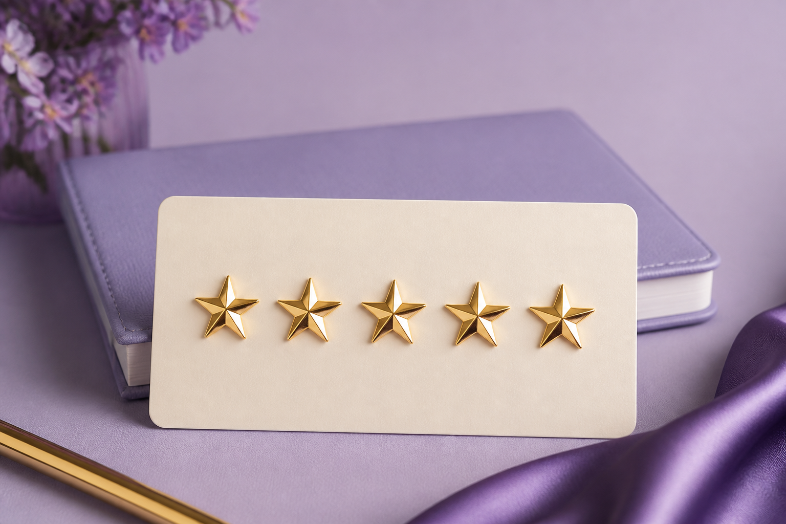 Five gold stars on a feedback rating card